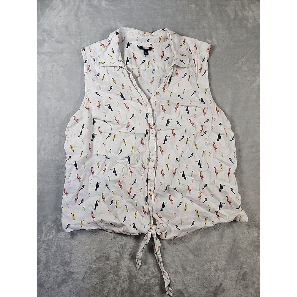 Talbots XL Linen Button Tank White Toucan Macaw Collar Lightweight Vacation